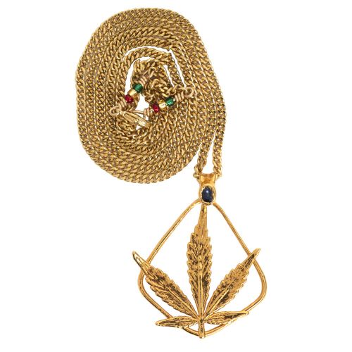 24k Gold OG Kush Leaf Necklace with Sapphire by Ras Boss 
