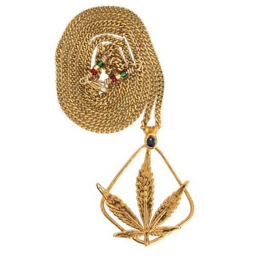 24k Gold OG Kush Leaf Necklace with Sapphire by Ras Boss