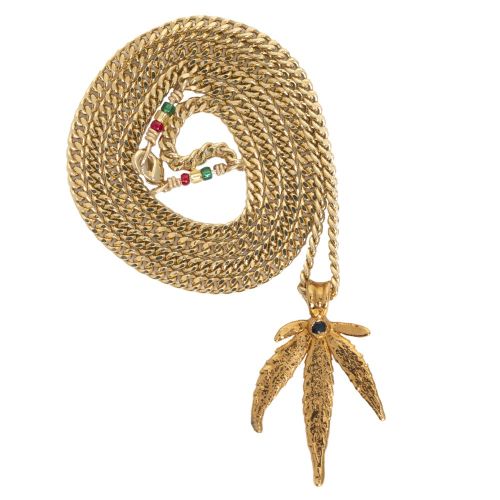 24k Gold OG Kush Leaf Necklace with Sapphire in Leaf by Ras Boss
