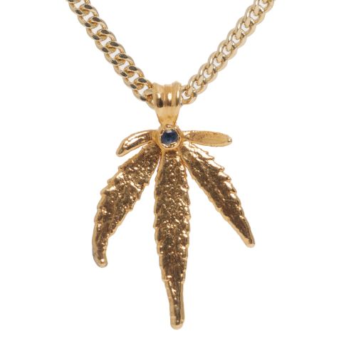24k Gold OG Kush Leaf Necklace with Sapphire in Leaf by Ras Boss 