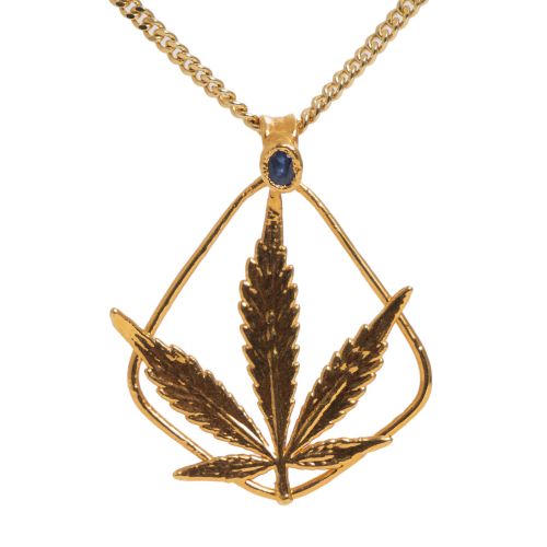 24k Gold OG Kush Leaf Necklace with Sapphire by Ras Boss 