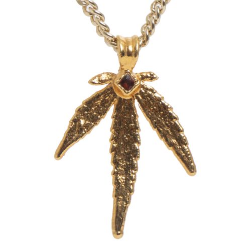 24k Gold OG Kush Leaf Necklace with Garnet by Ras Boss 