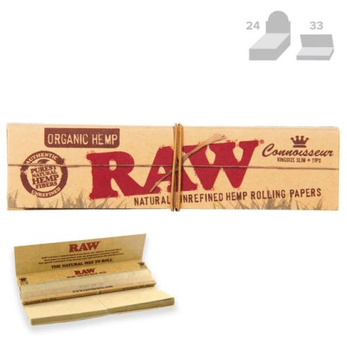 RAW Classic Connoisseur KingSize Slim with Tips Natural Rolling Paper (32/Papers, 24/Box)